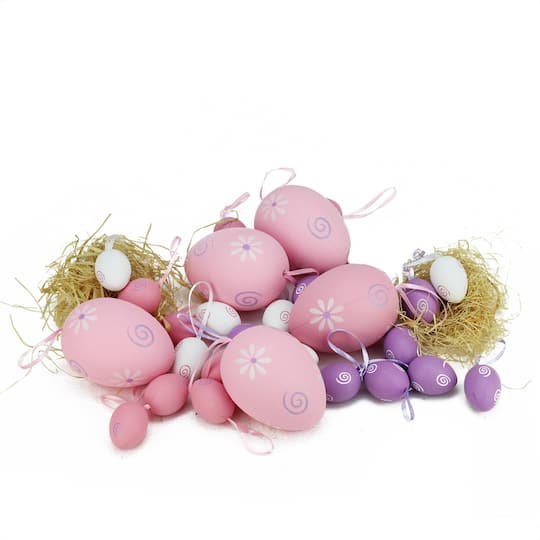 Gordon 32013886 3.25 in. Pastel Pink, White & Purple Painted Floral Spring Easter Egg Ornaments, Set of 29